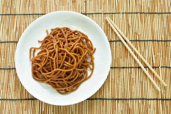 Fried Yakisoba Yellow Japanese Noodles Black Sweet Soy Plate —  Fotos de Stock
