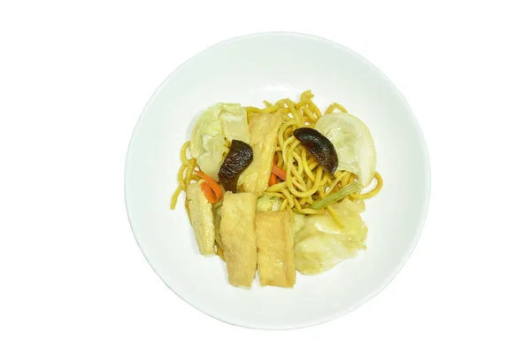 Stir Fried Yellow Vegetarian Yakisoba Noodles Mushroom Cabbage Plate — Stock Photo, Image