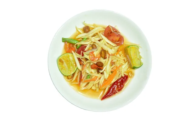 Salade Papaye Verte Épicée Som Tum Thai Sur Fond Blanc — Photo