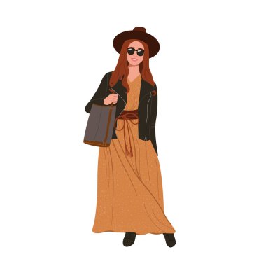Boho kıyafetli kız. Kahverengi elbiseli ve siyah ceketli.