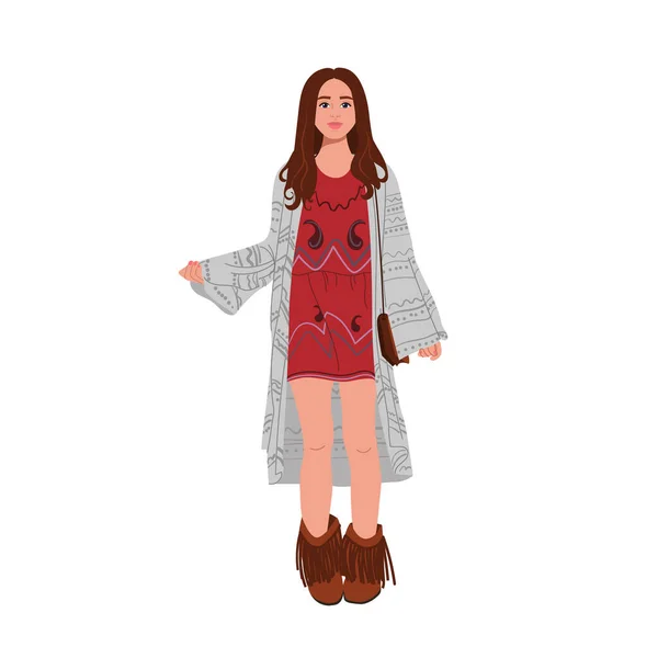 Girl in boho outfit. In a red dress and a gray cape. — Stock Vector