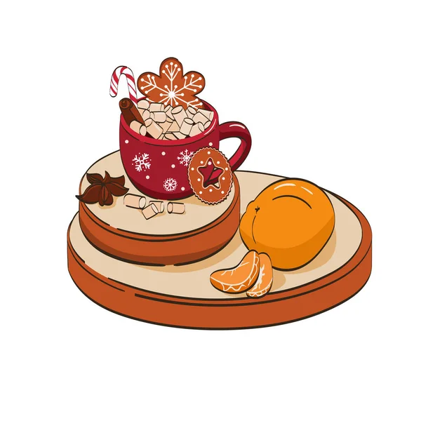 Красная кружка с какао, зефиром и апельсином — стоковый вектор