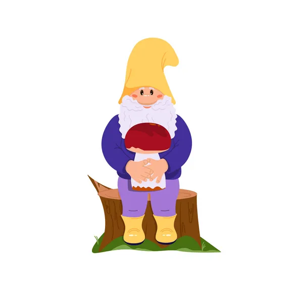 Mignon gnome dans un chapeau jaune et bottes assis sur un tronc d'arbre — Image vectorielle