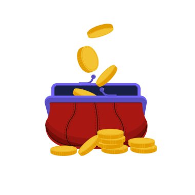 Antika, kırmızı, açık cüzdan. Cüzdanın yanında bozuk paralar var..