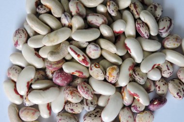 Yakın plan, beyaz arkaplanda renkli fasulyeler