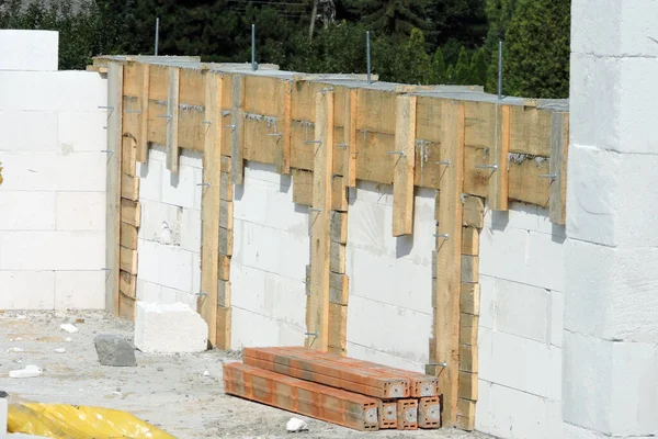 Reinforced Concrete Beam Wooden Formwork First Floor House Construction Walls — Foto Stock