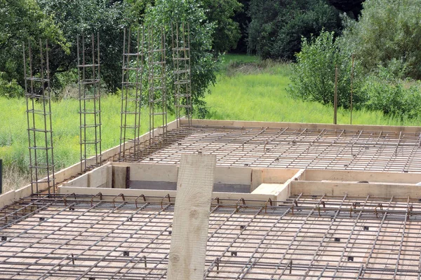 Rinforzo Acciaio Pavimento Cemento Pilastri Primo Piano Una Casa Costruzione — Foto Stock