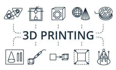 3D yazdırma simgesi seti. Koleksiyon iplik, model, ayar, yazıcı, makine, tarayıcı ve simgeler içerir. 3B yazdırma ögeleri ayarlandı
