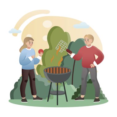Aile Barbeküsü. İzole edilmiş düz stil renkli illüstrasyon. Okul dersleri. Parkta tatilde olan bir çift..