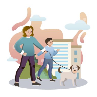 Köpekle yürü. İzole edilmiş düz stil renkli illüstrasyon. Okul dersleri. Anne ve oğul köpeği gezdiriyor..
