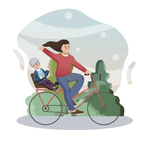 Montar en bicicleta. Ilustración de color de estilo plano aislado. Clases de escuela. Mamá trae a un niño en bicicleta. — Archivo Imágenes Vectoriales