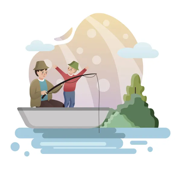 Рыбалка. Изолированная цветная иллюстрация в плоском стиле. Уроки. Папа с сыном рыбалка. — стоковый вектор