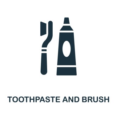 Diş macunu ve fırça ikonu. Banyo koleksiyonundan tek renkli tabela. Web tasarımı, bilgi grafikleri ve daha fazlası için yaratıcı diş macunu ve fırça çizimi