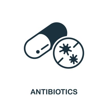 Antibiyotik ikonu. Biyomühendislik koleksiyonundan tek renk işareti. Web tasarımı, bilgi grafikleri ve daha fazlası için yaratıcı antibiyotik simgesi çizimi