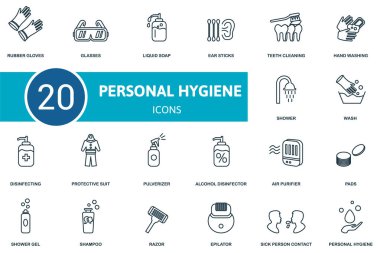 Kişisel temizlik ikonu seti. Lastik eldiven, gözlük, sıvı sabun, yıkama, dezenfekte jeli, ezici, kulak çubuğu gibi basit elementlerin toplanması.