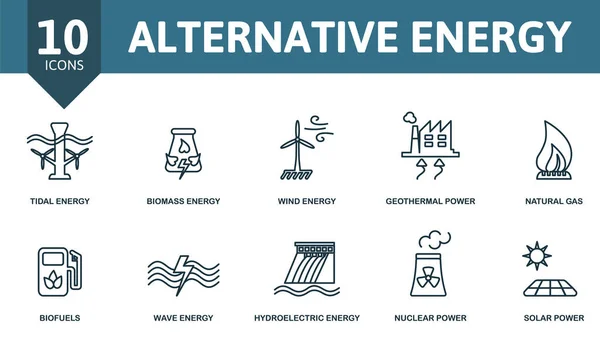 Conjunto de iconos de Energía Alternativa. Recogida de elementos simples como la energía de las mareas, la energía de biomasa, la energía eólica, la energía geotérmica, la energía nuclear, la energía de las olas, la energía solar. — Vector de stock