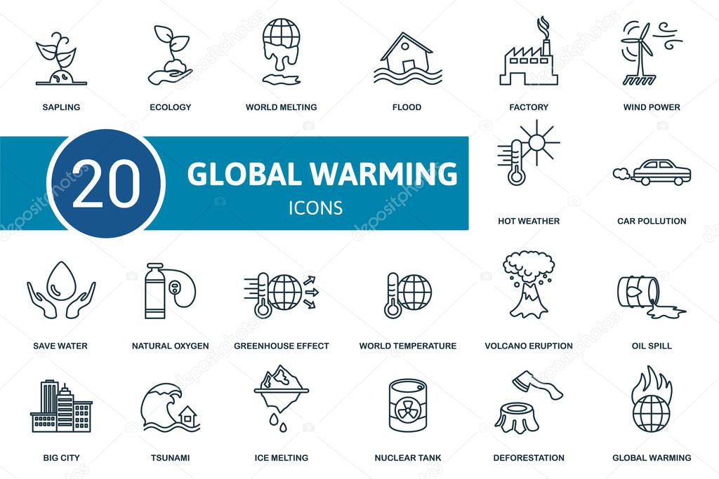 Global Warming icon set. Collection of simple elements such as the sapling, ecology, world melting, car pollution, save water, greenhouse effect, flood.