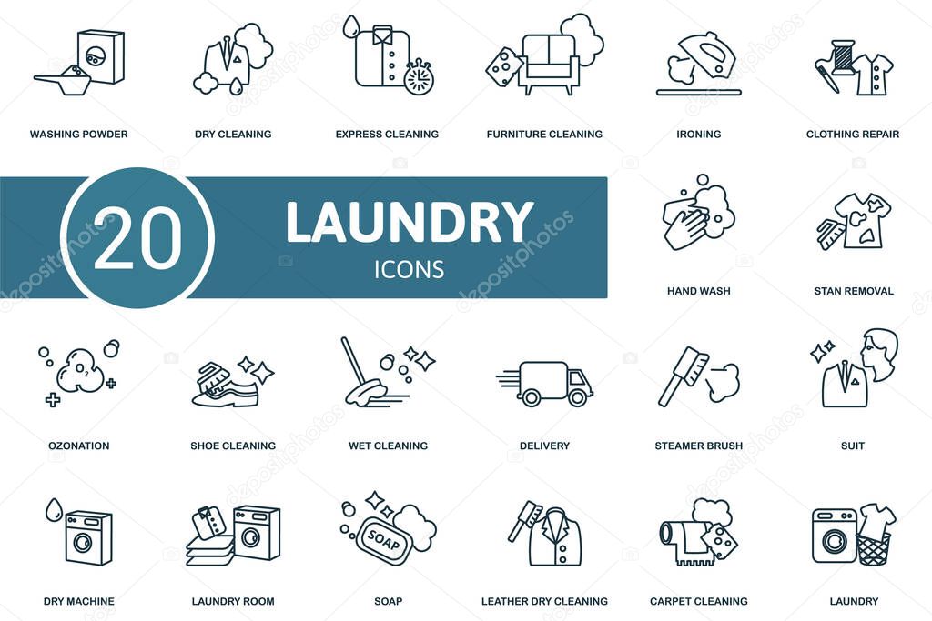 Laundry icon set. Collection of simple elements such as the washing powder, dry cleaning, express cleaning, stan removal, ozonation, wet cleaning, furniture cleaning.