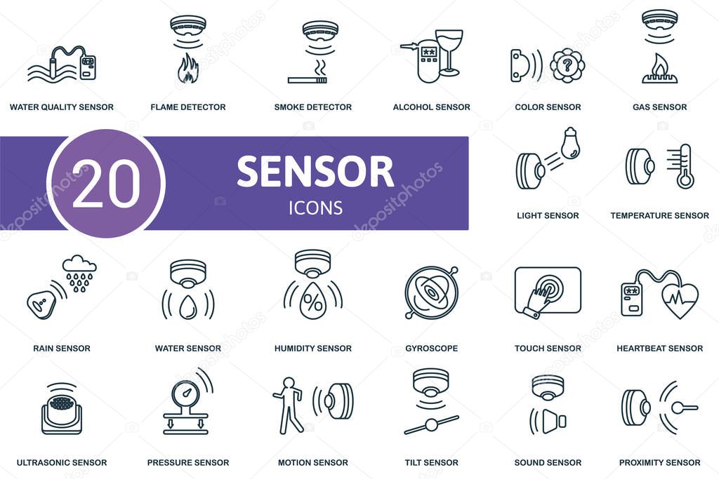 Sensor icon set. Collection of simple elements such as the water quality, flame detector, smoke, temperature, rain sensor, humidity sensor, alcohol sensor and other icons.