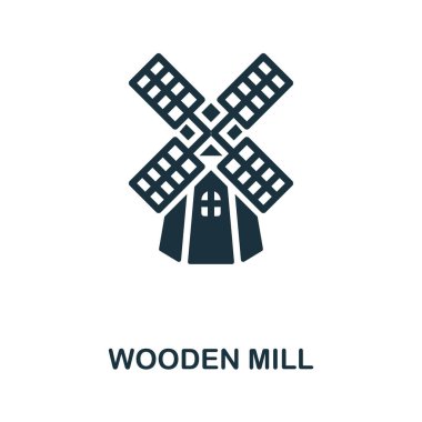 Tahta Değirmen ikonu. Çiftçilik koleksiyonundan tek renkli tabela. Web tasarımı, bilgi grafikleri ve daha fazlası için yaratıcı Ahşap Değirmen simgesi çizimi