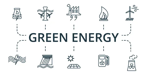 Yeşil Enerji simgesi seti. Gelgit enerjisi, güneş enerjisi, şampanya, kalp ve ok, kalp kilidi, balonlar, aşk arayışı gibi basit elementlerin toplanması. — Stok Vektör