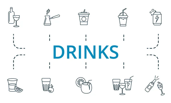 Drinks icon set. Collection of simple elements such as the coconat cocktail, whiskey, 13, turkish coffee, juice, drink to go. — Stock Vector