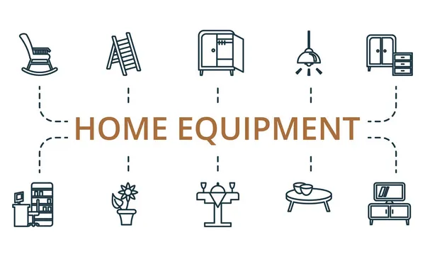 Home Set di icone dell'attrezzatura. Collezione di elementi semplici come il vaso da fiori, cassettiera, 13, tavolo da pranzo, tavolino, scala a pioli. — Vettoriale Stock