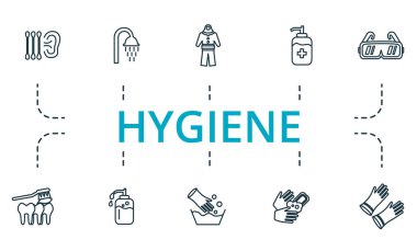 Hijyen ikonu hazır. Lastik eldivenler, diş temizliği, el yıkama, dezenfekte jeli, duş, koruyucu giysi gibi basit elementlerin toplanması.