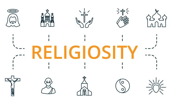 Религиозность набор значков. Сборник простых элементов, таких как дождь, библия, 13, мечеть, храм, монах. — стоковый вектор