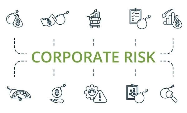 Ikonen för företagsrisk. Insamling av enkla element såsom marknadstrenden, riskhantering, regnar, yin yang, korsfästelse, moské, munk. — Stock vektor