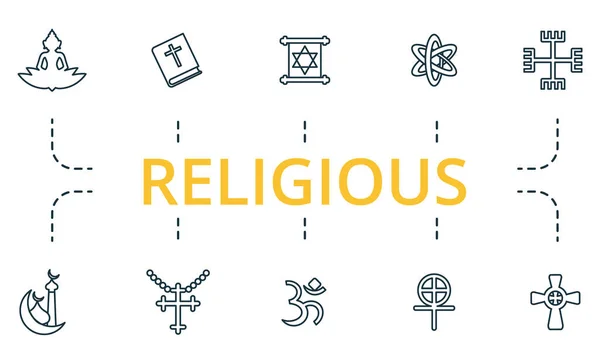 Conjunto de iconos religiosos. Colección de elementos simples como el judaísmo, gnosticismo, hinduismo, ateísmo, budismo, biblia. — Archivo Imágenes Vectoriales