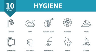 Hijyen ikonu hazır. Duş, sabun, el yıkama, mikrop, peçete, tuvalet kağıdı, hijyen gibi basit elementlerin toplanması.