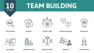 Takım oluşturma simgesi seti. Odak grubu, sinerji, proje ekibi, olumlu geri bildirim, çeşitlilik, altyapı, takım oluşturma gibi basit elementlerin toplanması.
