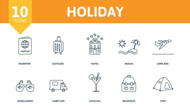 Tatil simgesi seti. Pasaport, bavul, otel, sahil, sırt çantası, kamp arabası, çadır gibi basit unsurların toplanması.