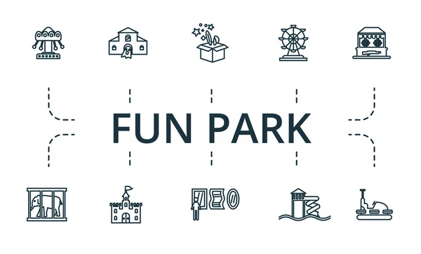 Conjunto de iconos de Fun Park. Colección de elementos simples como el enfoque, coche de choque, galería de tiro, parque acuático, sala de espejos, castillo. — Vector de stock