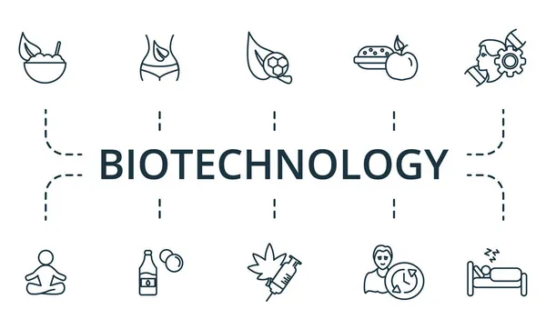 Conjunto de ícones de biotecnologia. Coleção de elementos simples, tais como a desintoxicação, biohacking, trem infantil, carrossel cavalo, palhaço, bilhetes, fast food. —  Vetores de Stock