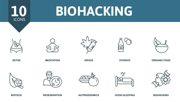 Conjunto de ícones de biohacking. Coleção de elementos simples, tais como a desintoxicação, meditação, drogas, hidratar, bom sono, regeneração, biohacking. —  Vetores de Stock