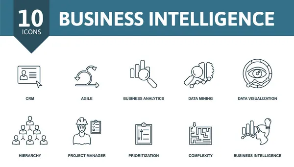 Ícone de Business Intelligence definido. Coleta de elementos simples, como o crm, ágil, análise de negócios, mineração de dados, complexidade, gerente de projeto, inteligência de negócios. —  Vetores de Stock