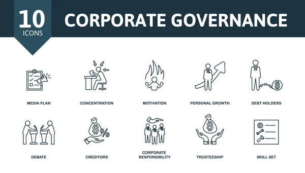 Conjunto de iconos de gobierno corporativo. Recogida de elementos sencillos como liderazgo, publicidad, plan mediático, concentración, crecimiento personal, debate, responsabilidad corporativa. — Vector de stock