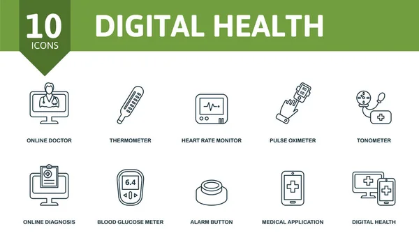 Conjunto de iconos de salud digital. Colección de elementos simples como el médico en línea, termómetro, monitor de frecuencia cardíaca, oxímetro de pulso, aplicación médica, medidor de glucosa en sangre, salud digital. — Archivo Imágenes Vectoriales