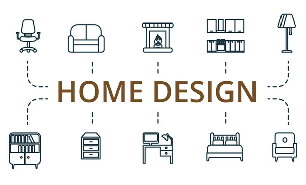Home Design set di icone. Collezione di elementi semplici come la scrivania, lampada da terra, divano, set da cucina, camino, cassettiera. — Vettoriale Stock