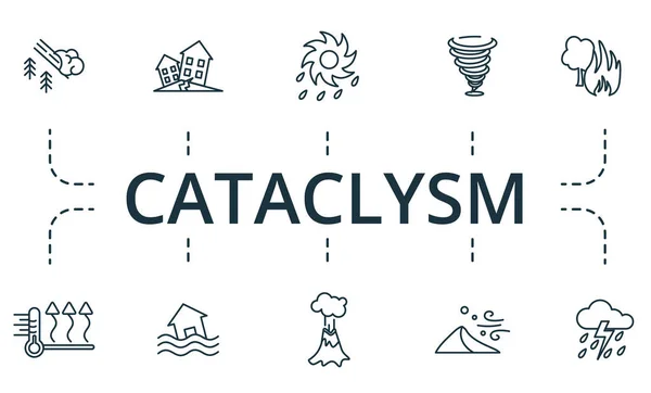 Conjunto de ícones de cataclismo. Coleção de elementos simples, como o terremoto, erupção, gestão de risco, responsabilidade corporativa, reputação, crítica, gerenciamento de leads. —  Vetores de Stock