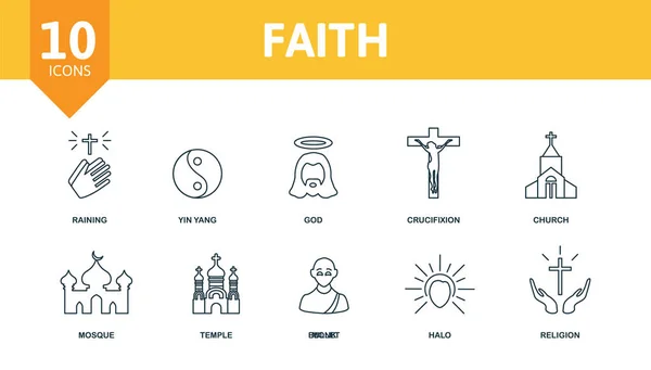 Ensemble d'icônes de foi. Collection d'éléments simples tels que le judaïsme, la Bible, la pluie, le yin yang, la crucifixion, la mosquée, le moine. — Image vectorielle