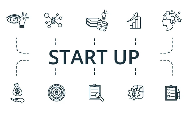 Startup-Symbol gesetzt. Sammlung einfacher Elemente wie Wachstum, Ziel, Investitionen, Kreativität, Wissen, Kontrolle. — Stockvektor