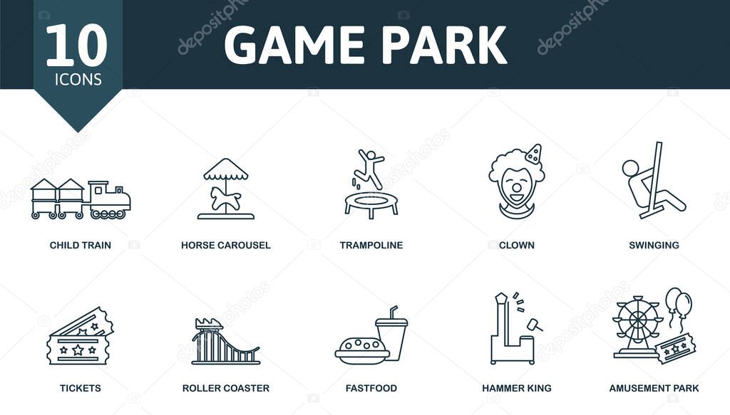 Game Park icon set. Collection of simple elements such as the focus, castle, child train, horse carousel, clown, tickets, fastfood and other icons.