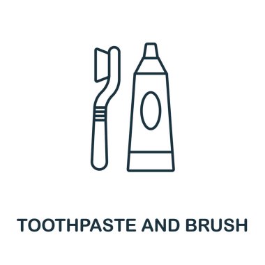 Diş macunu ve fırça ikonu. Banyo koleksiyonundan bir replik. Web tasarımı, bilgi grafikleri ve daha fazlası için doğrusal diş macunu ve fırça simgesi.