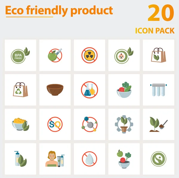 Zestaw ikon Eco Friendly Product. Zbiór prostych elementów, takich jak bpa wolne, nie gmo, nie toksyczne, nie chemiczne, zdrowa żywność, produkt organiczny, hipoalergiczne. — Wektor stockowy