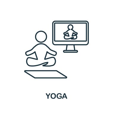 Yoga simgesi. Ev istirahatı koleksiyonundan satır elemanı. Web tasarımı, bilgi grafikleri ve daha fazlası için doğrusal yoga simgesi.