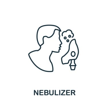 Nebulizör ikonu. Tıbbi ekipman koleksiyonundan sıra elemanı. Web tasarımı, bilgi grafikleri ve daha fazlası için doğrusal Nebulizer simgesi işareti.