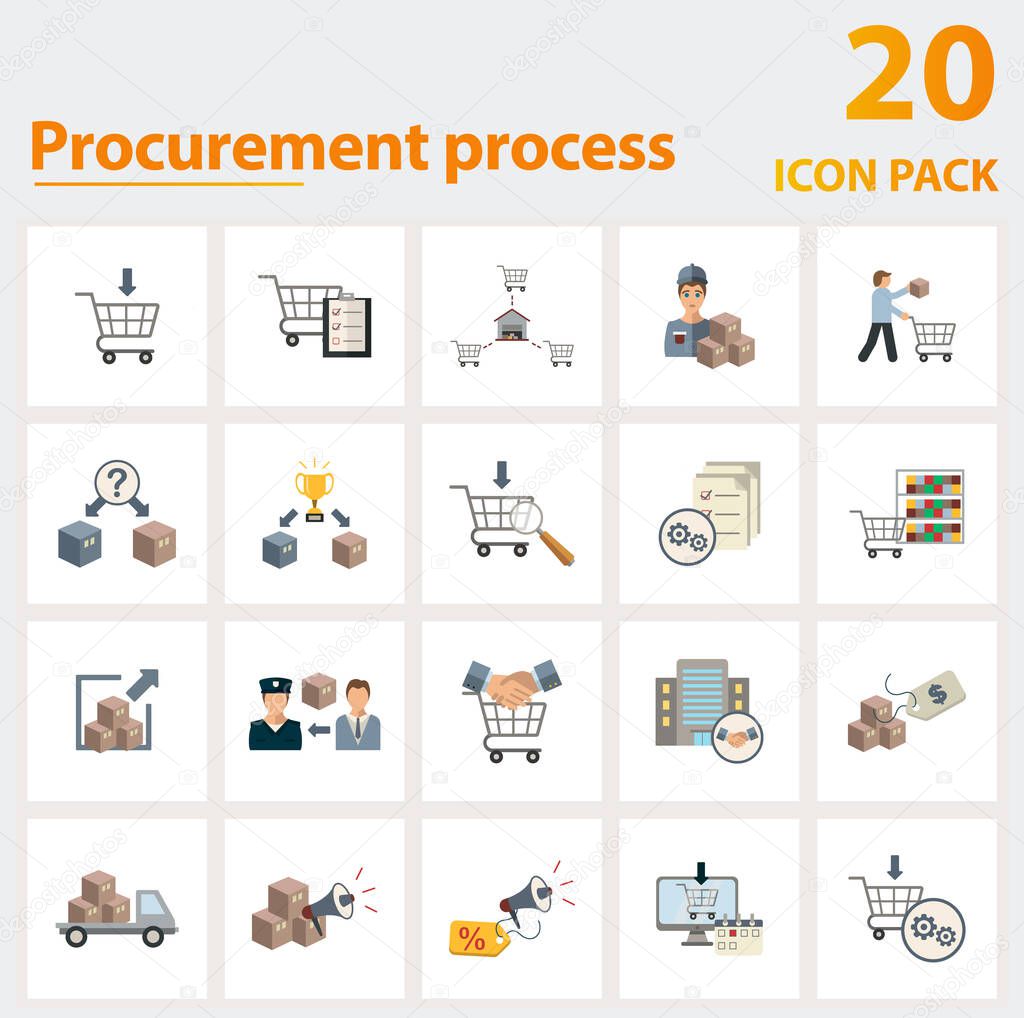 Procurement Process icon set. Collection of simple elements such as the procurement, planning, distribution, monitoring, bid process, external source, supplier and other icons.